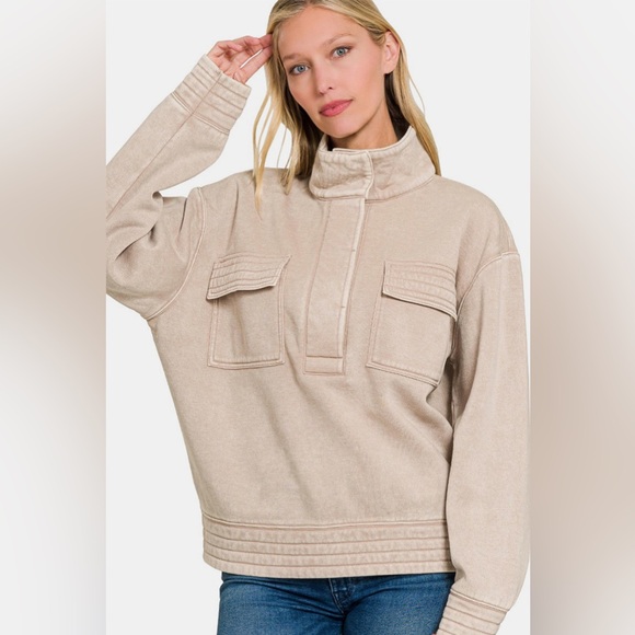 NWT Zenana Cream Acid Washed Half Snap Fleece Collared Sweatshirt - Picture 2 of 3